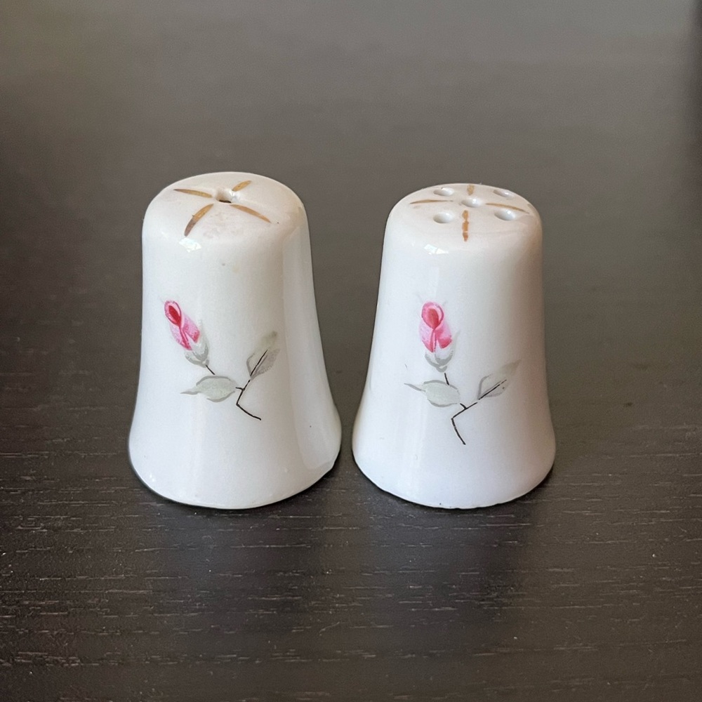 Vintage White Salt and Pepper Shakers with a Pink flower and with gold paint